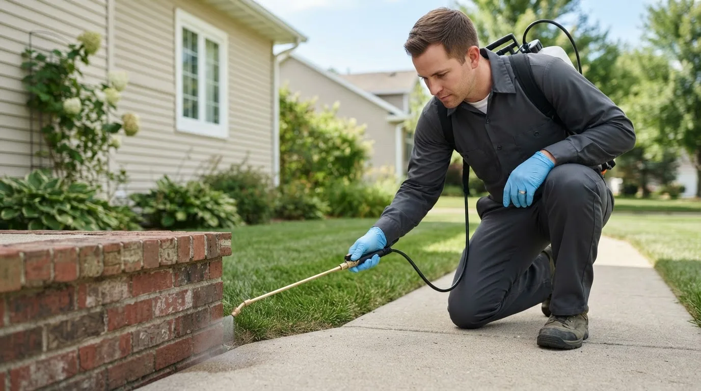 Pest control technician treating a home near Saint Paul, IN