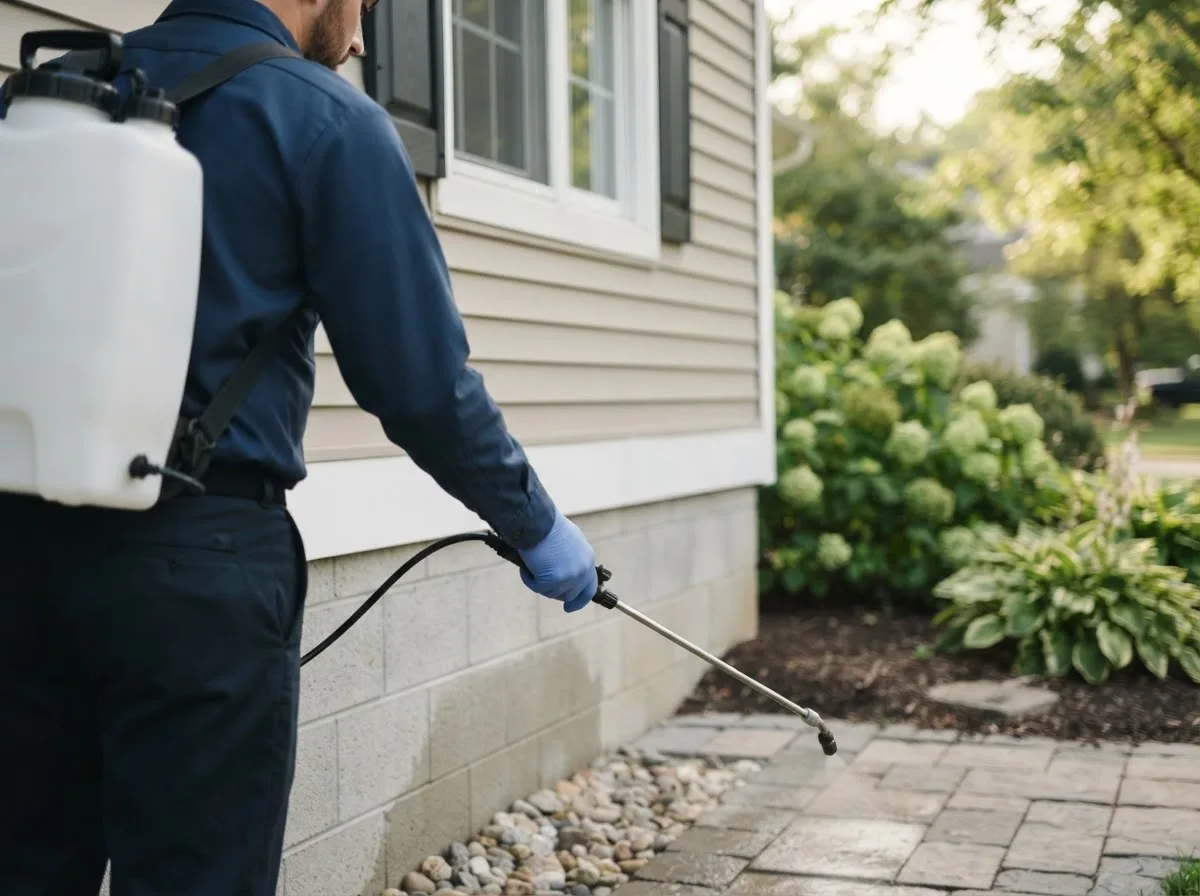 Pest control technician inspecting a home in Saint Paul, IN